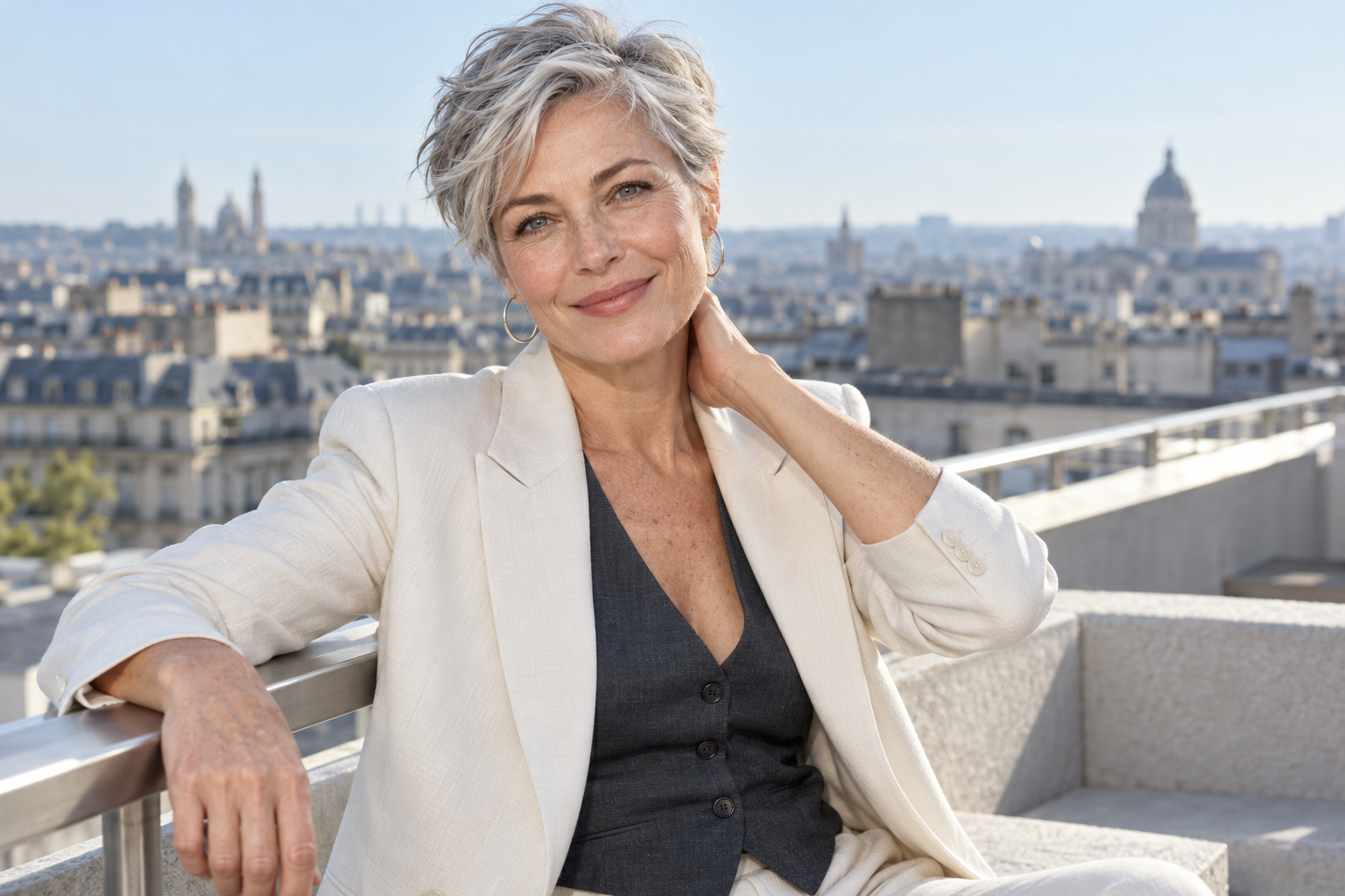 Une femme mûre sur un toit-terrasse, avec la ville à l’horizon.