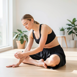 Femme en posture assise portant un short yoga coupe ample