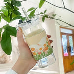 Mug Verre Carré — Avec Couvercle et Paille