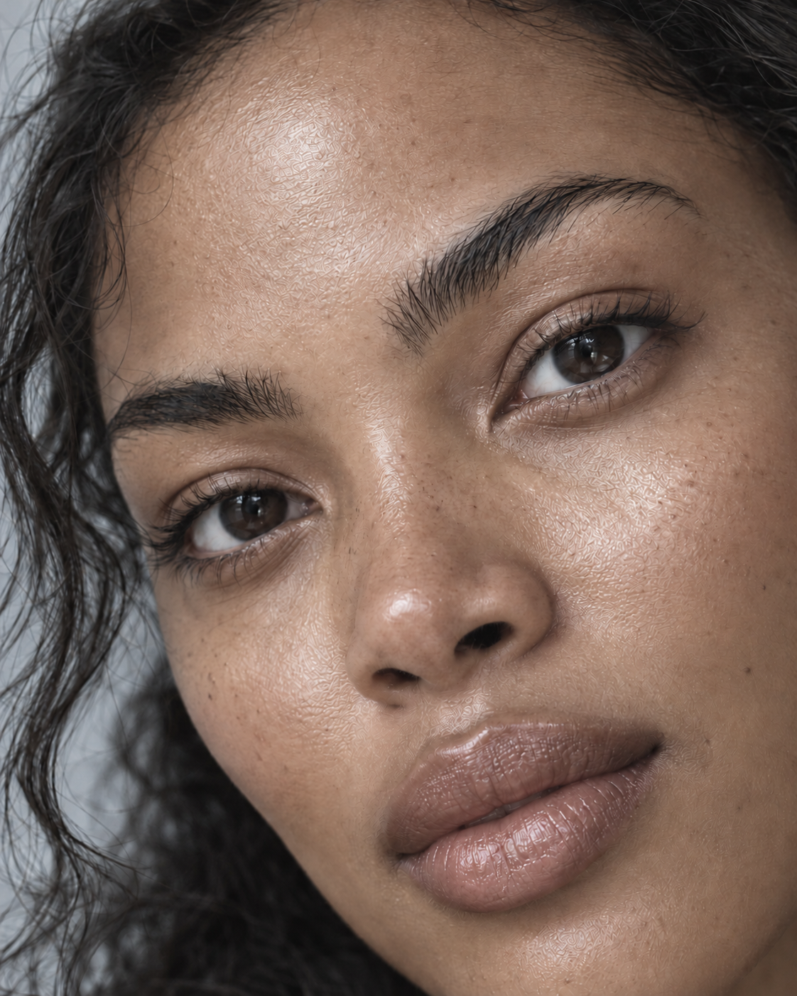 Gros plan d’un visage féminin fictif à la peau lumineuse, en couleur douce