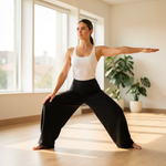 Femme en posture de yoga portant un pantalon jambe large taille haute