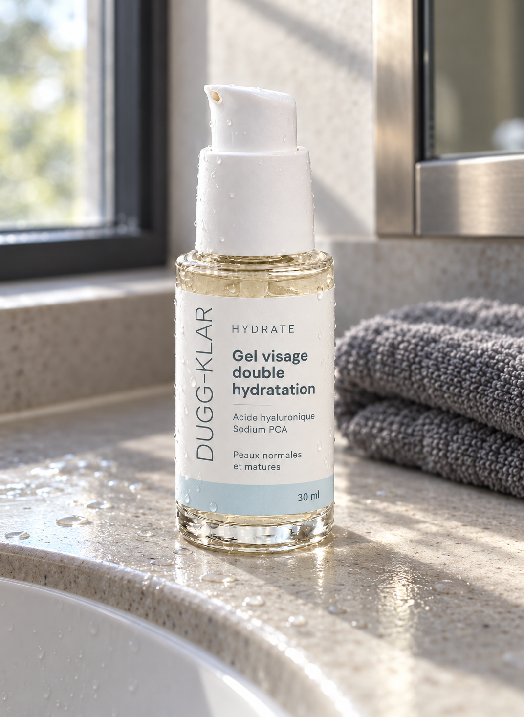 Flacon du gel visage Hydrate 30 ml près de l’eau.