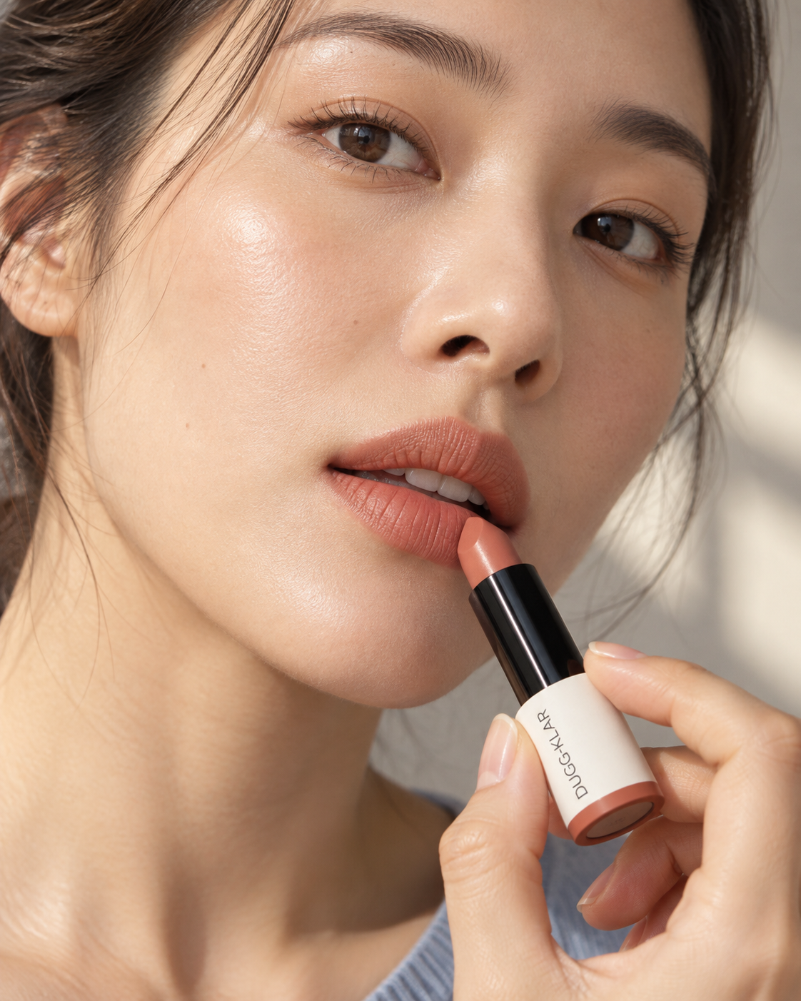 Gros plan de lèvres en teinte Nude terracotta avec le rouge à lèvres DUGG-KLAR 4 g.