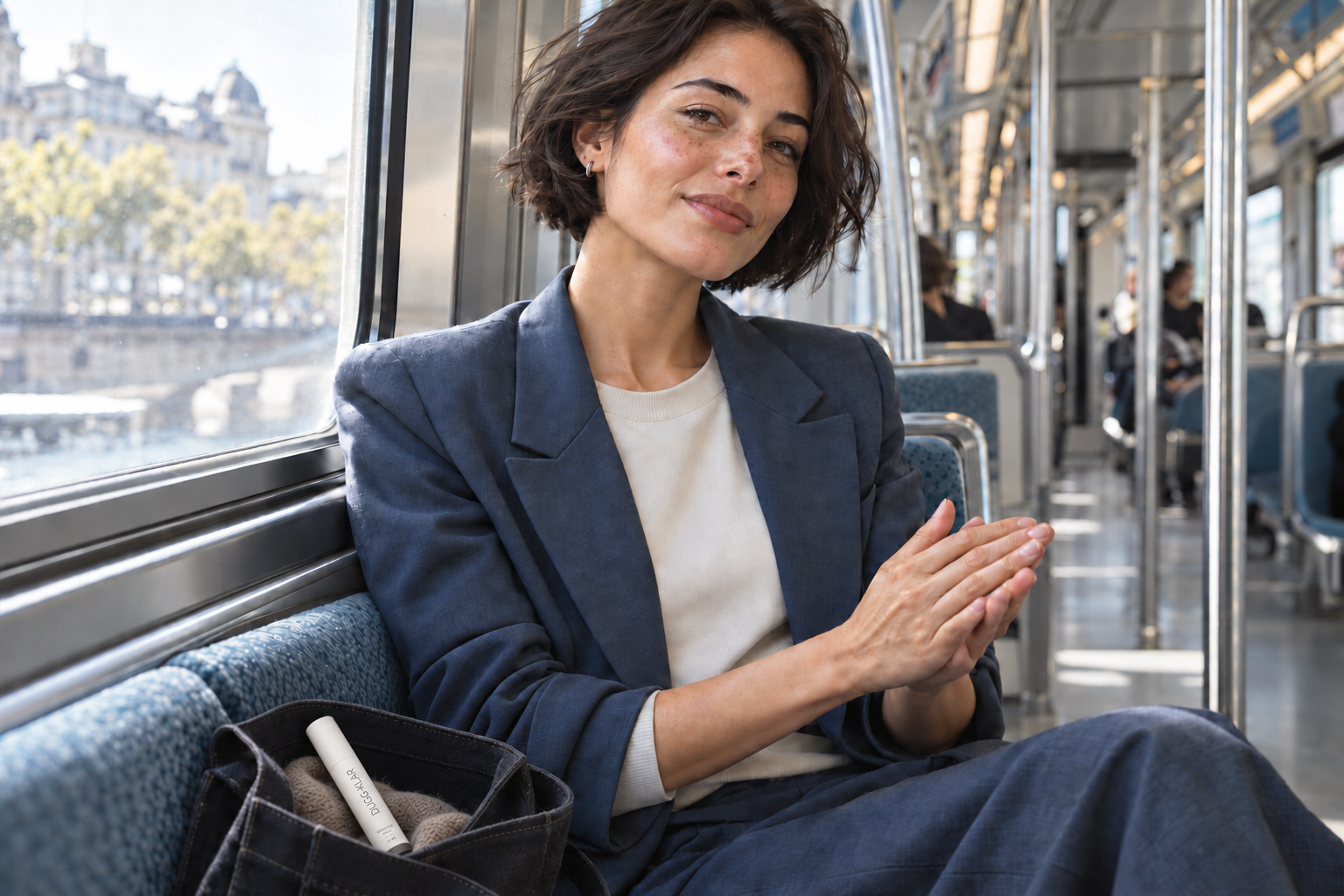 Une femme dans le métro, avec un mascara DUGG-KLAR fermé glissé en biais dans son sac.
